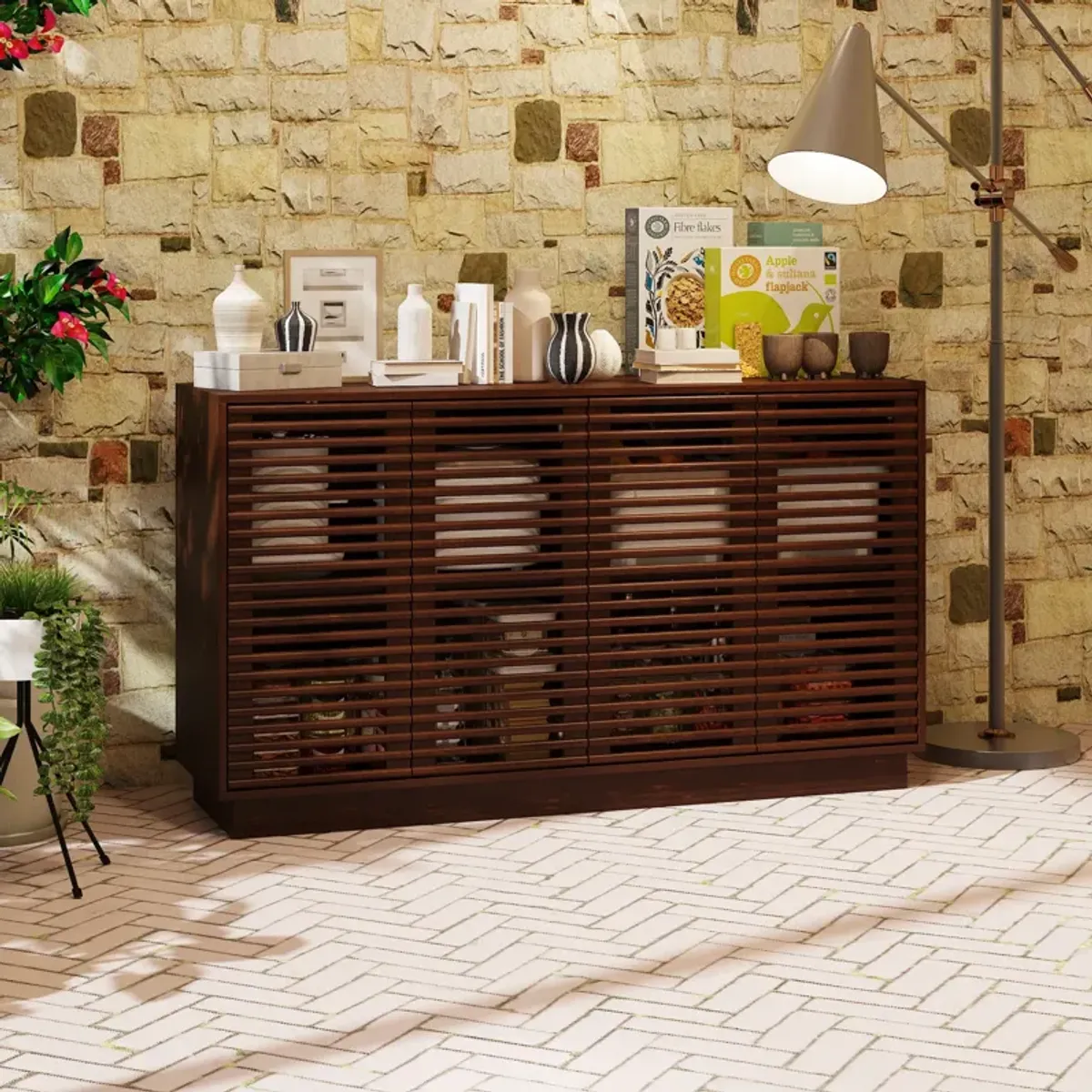 FUFU&GAGA Elegant Slatted Wood Sideboard with Adjustable Shelves & Storage Cabinet (55.1" W x 15.7" D x 31.5" H) ,Dark Brown