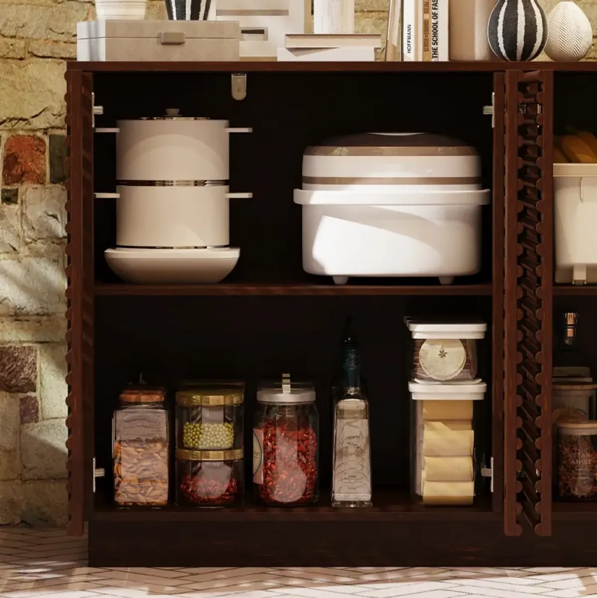 FUFU&GAGA Elegant Slatted Wood Sideboard with Adjustable Shelves & Storage Cabinet (55.1" W x 15.7" D x 31.5" H) ,Dark Brown