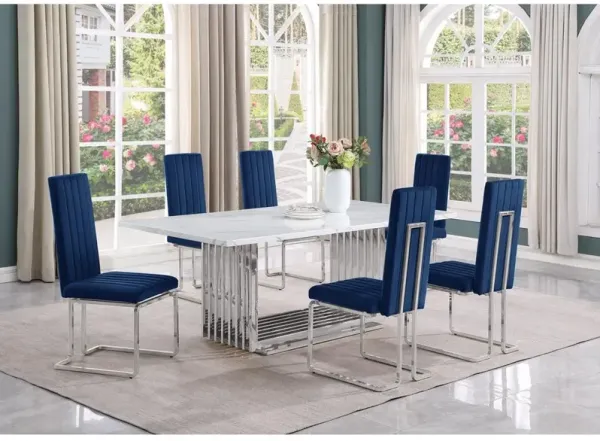 Best Quality Furniture 7pc Large(79) marble top dining set with silver base and 6 Navy blue chairs