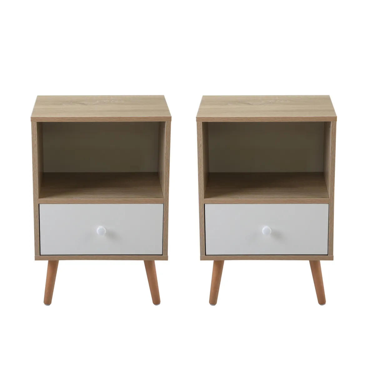 Mid Century Wood Nightstand Set, Natural/White