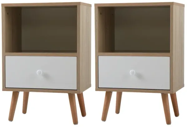 Mid Century Wood Nightstand Set, Natural/White