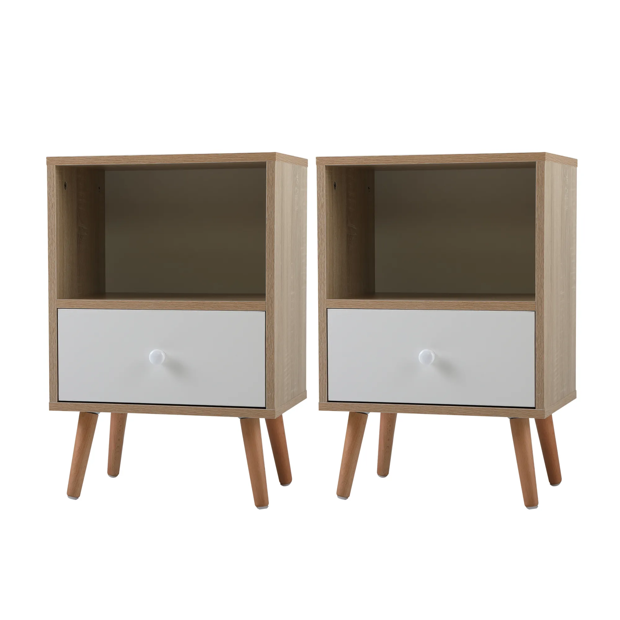 Mid Century Wood Nightstand Set, Natural/White