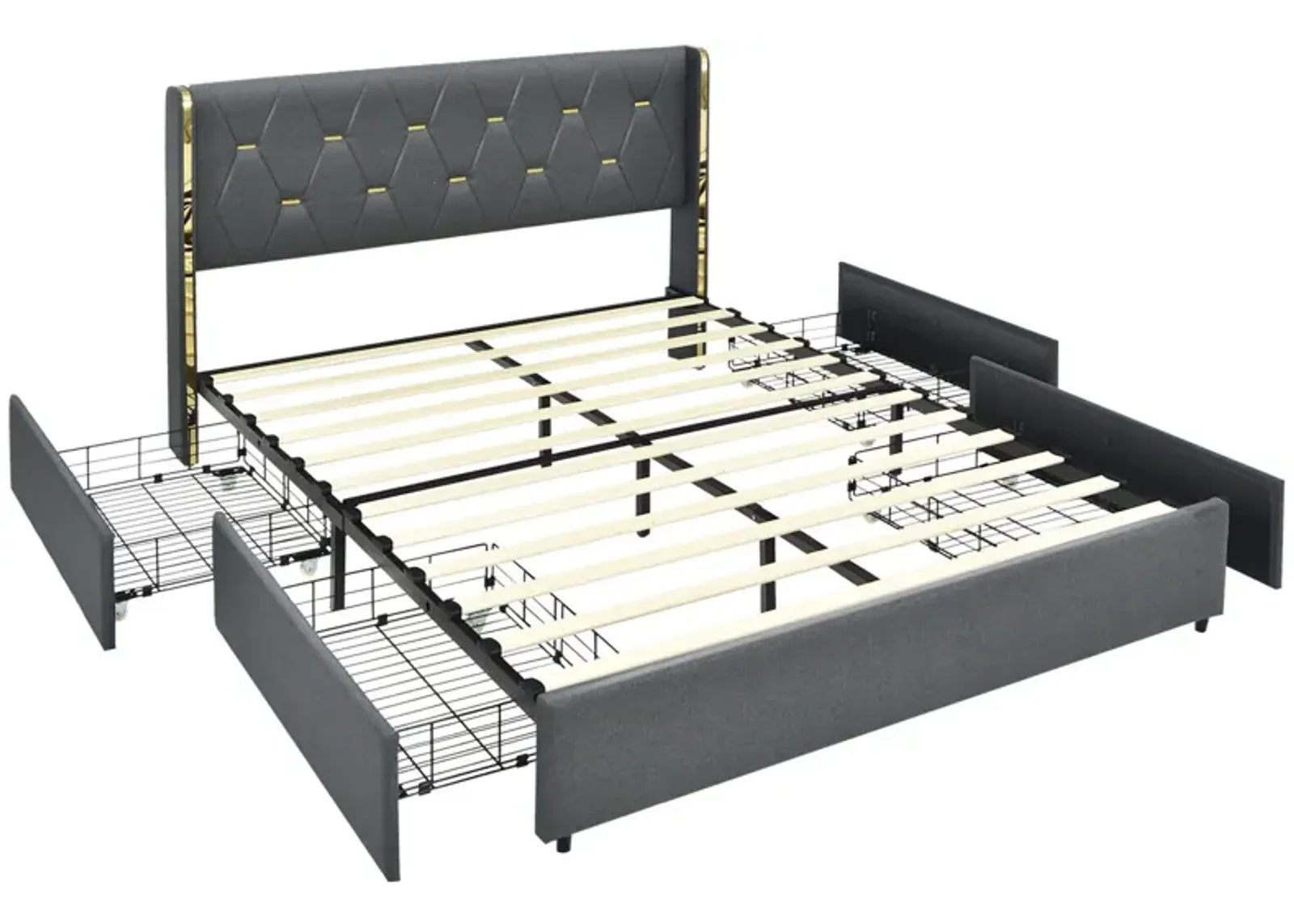 Full/Queen Size Upholstered Bed Frame with 4 Storage Drawers-Full Size