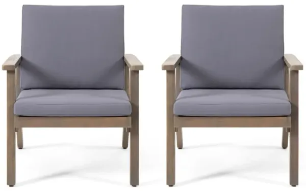 Elin Outdoor Club Chair Set of 2, Acacia Wood Frame, Gray Cushions - Benzara
