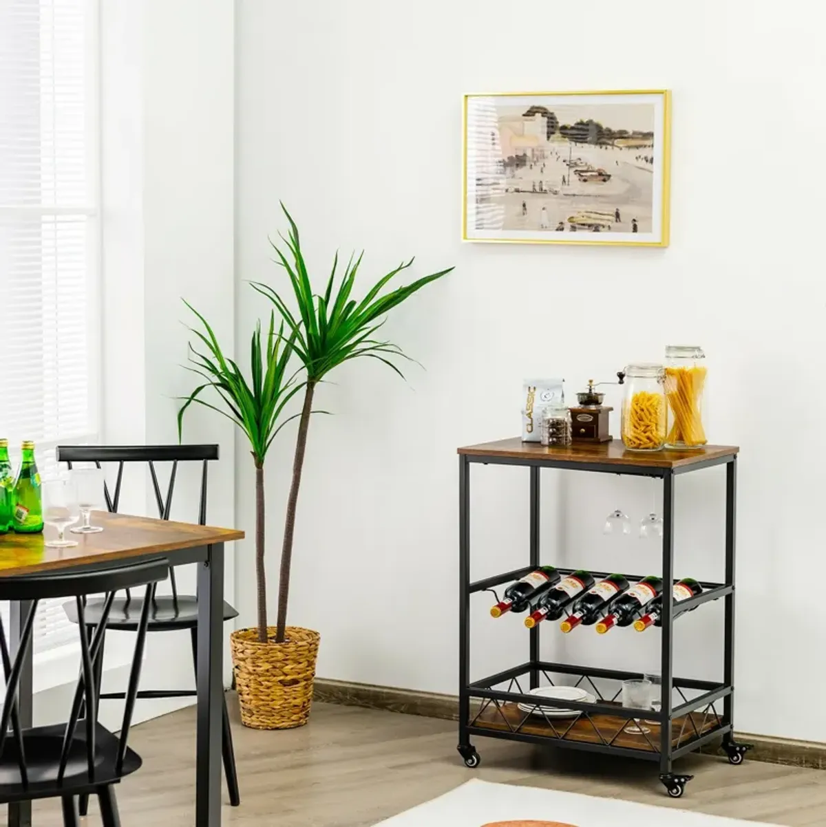 Kitchen Bar Cart Serving Trolley on Wheels with Wine Rack Glass Holder-Rustic Brown