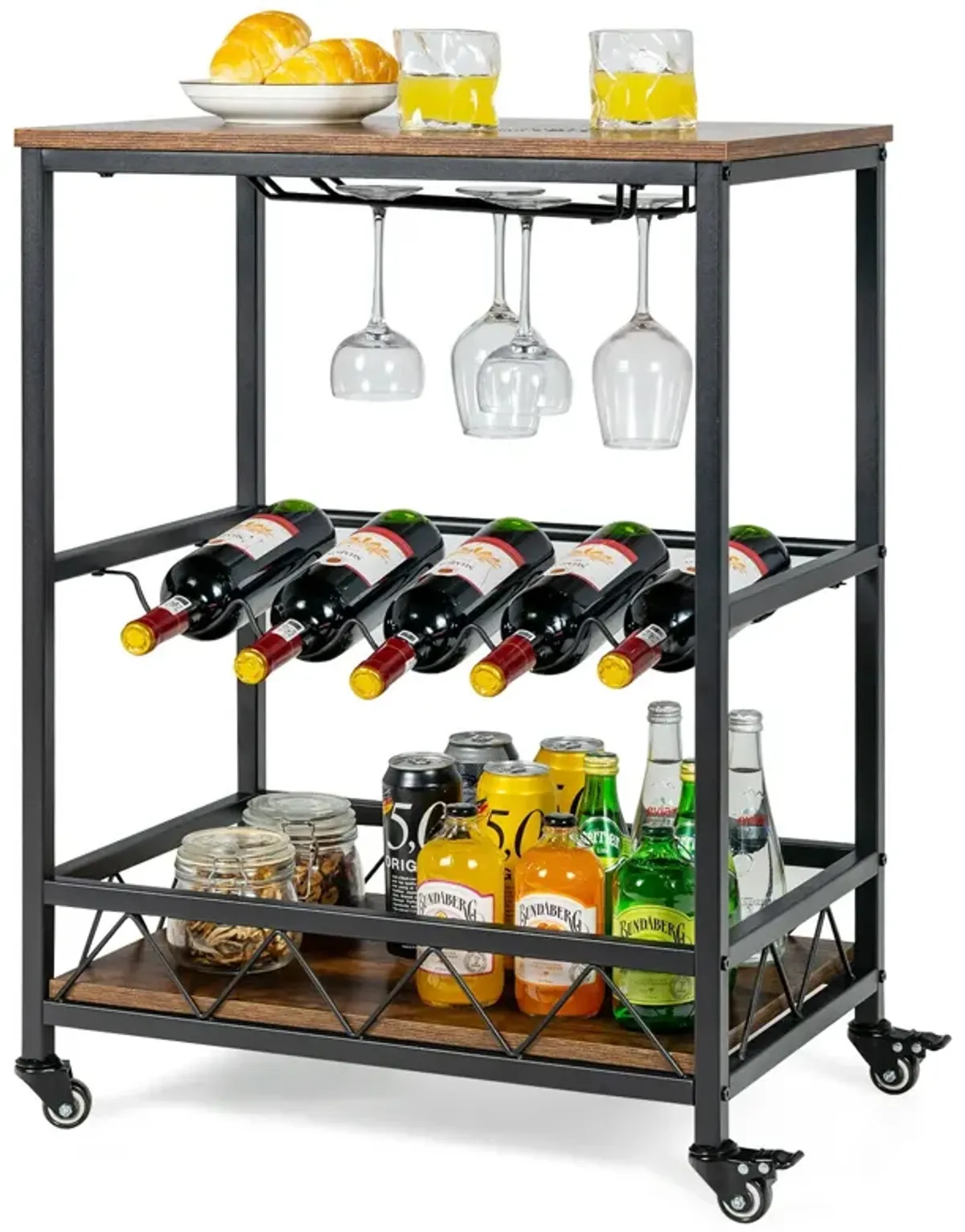 Kitchen Bar Cart Serving Trolley on Wheels with Wine Rack Glass Holder-Rustic Brown