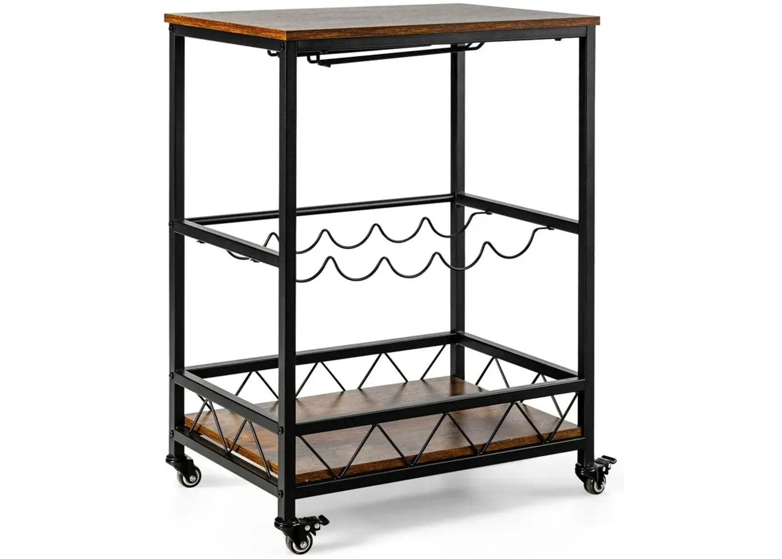 Kitchen Bar Cart Serving Trolley on Wheels with Wine Rack Glass Holder-Rustic Brown