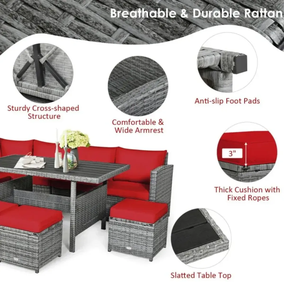 Hivvago 7 Pieces Outdoor Wicker Sectional Sofa Set with Dining Table