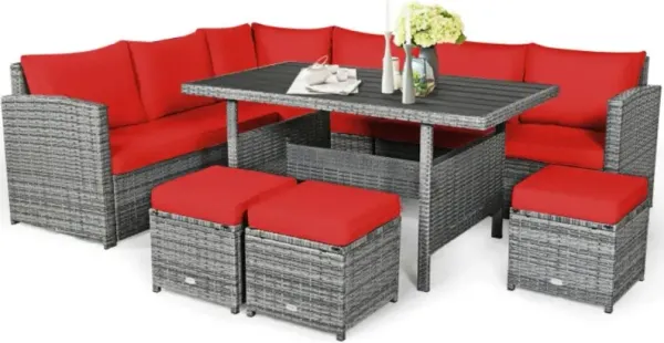 Hivvago 7 Pieces Outdoor Wicker Sectional Sofa Set with Dining Table