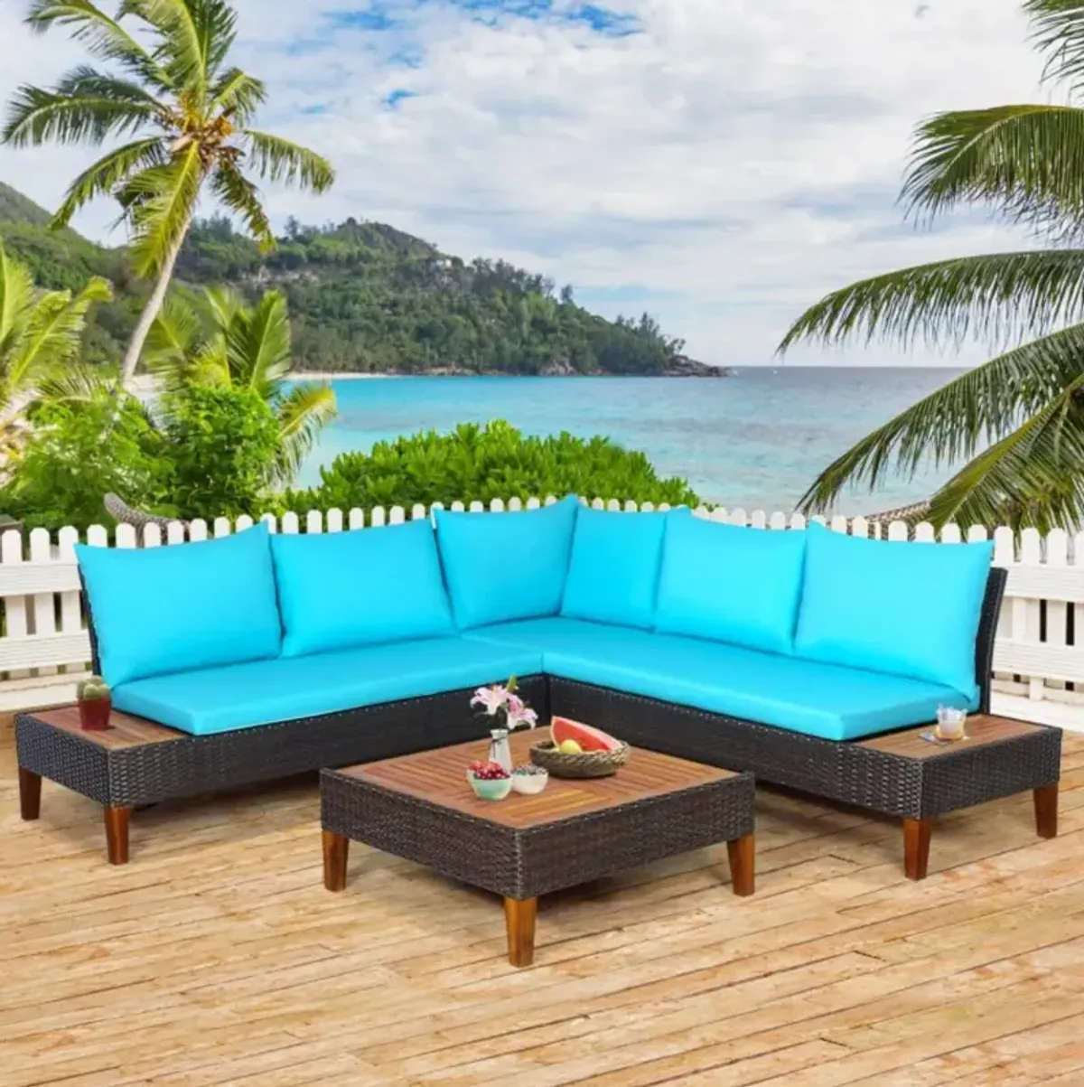 Hivvago 4 Pieces Patio Cushioned Rattan Furniture Set with Wooden Side Table-Turquoise