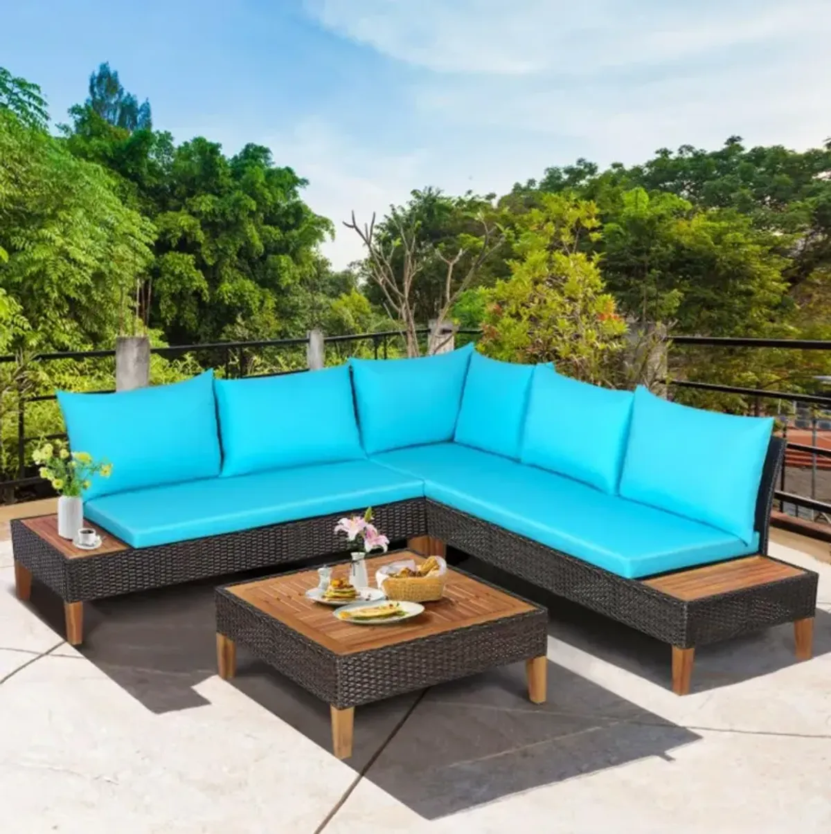 Hivvago 4 Pieces Patio Cushioned Rattan Furniture Set with Wooden Side Table-Turquoise