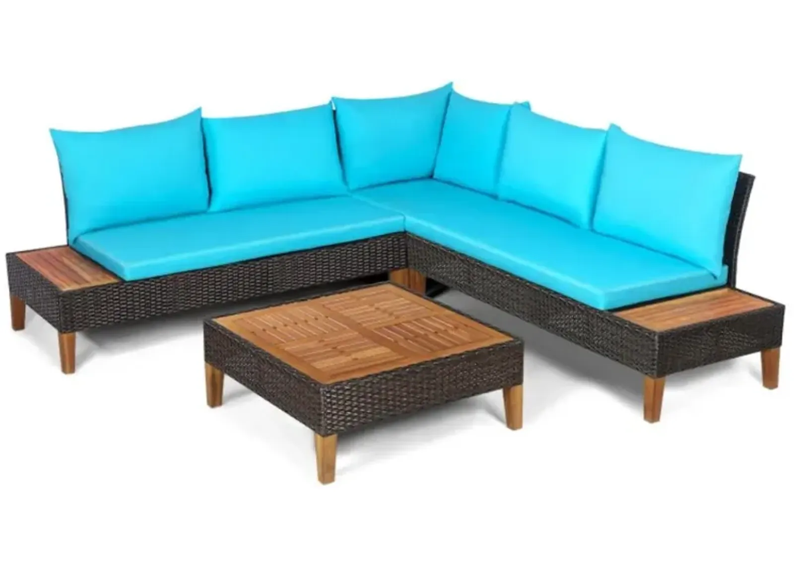 Hivvago 4 Pieces Patio Cushioned Rattan Furniture Set with Wooden Side Table-Turquoise