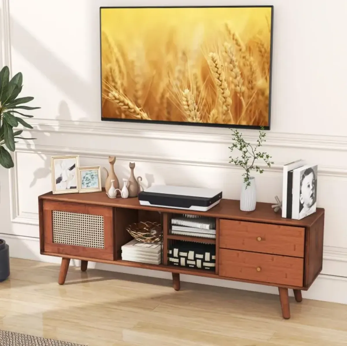 Hivvago Bamboo TV Stand for TV up to 65 Inch-Brown