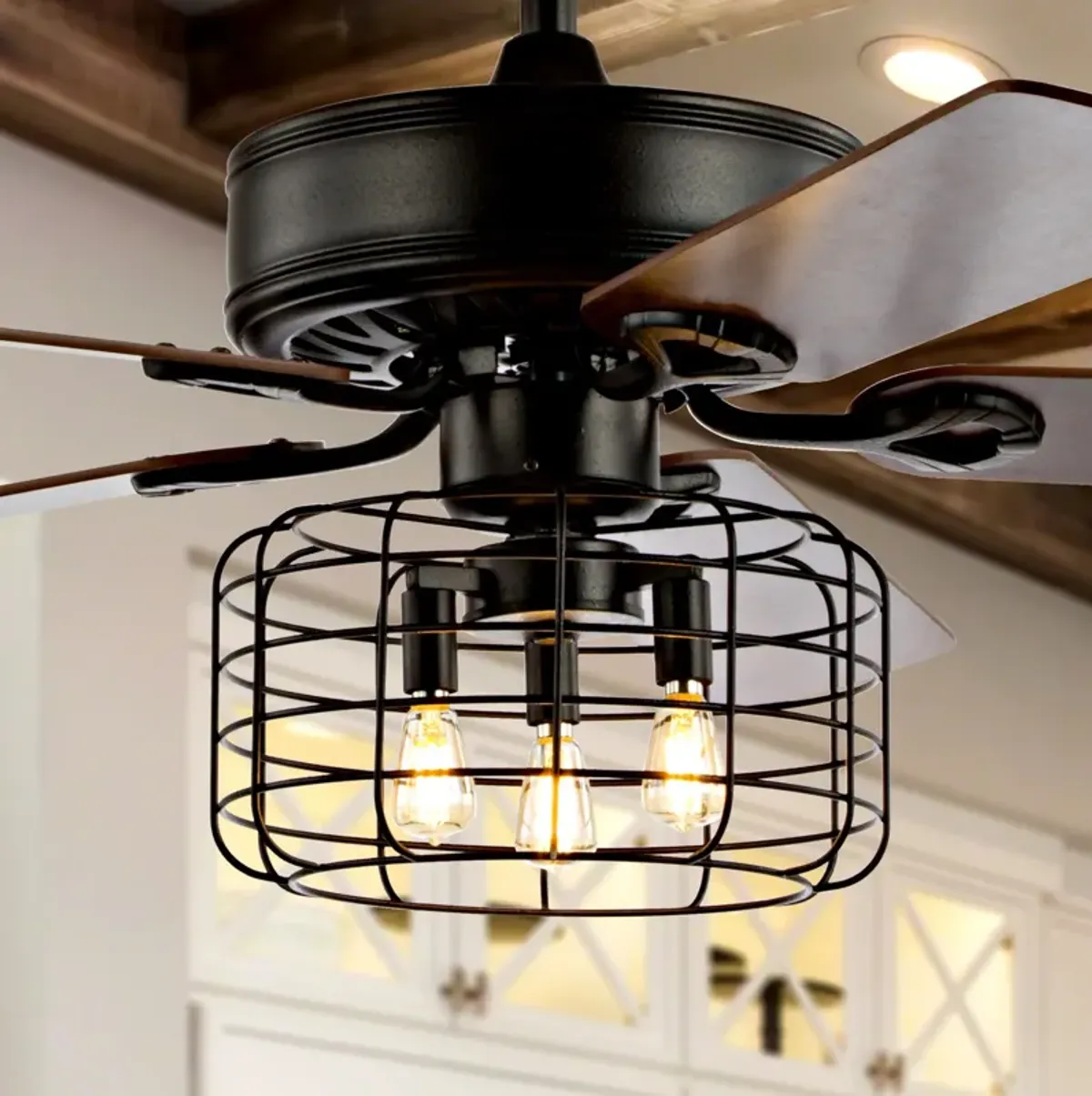 Asher 3-Light Industrial Metal/Wood LED Ceiling Fan With Remote