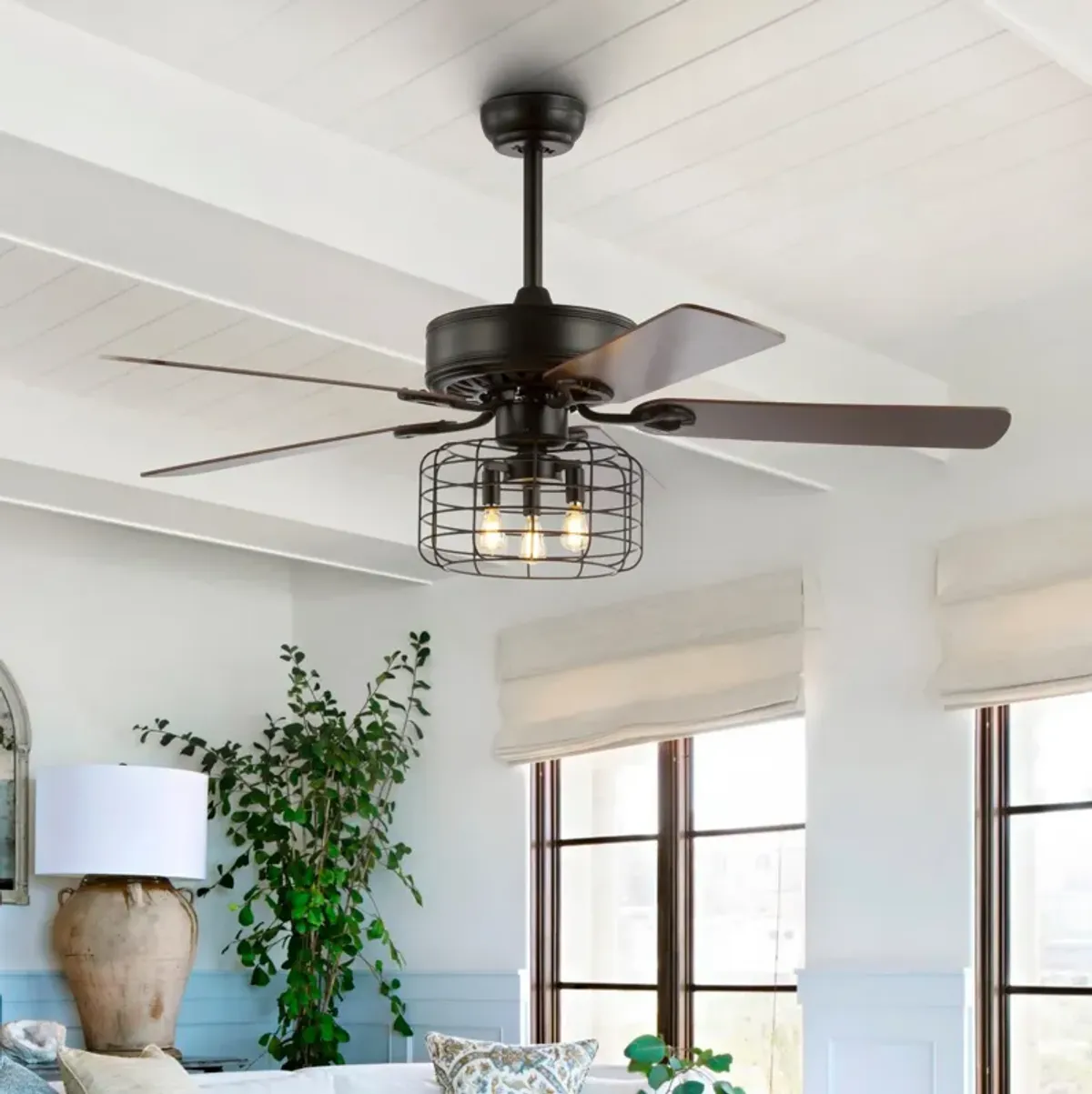 Asher 3-Light Industrial Metal/Wood LED Ceiling Fan With Remote