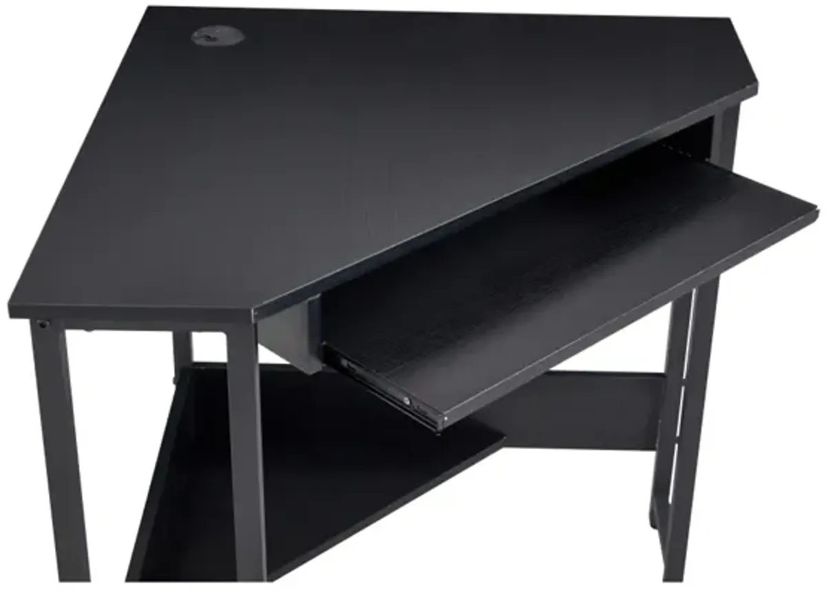 Triangle Computer Desk, Corner Desk With Smooth Keyboard Tray& Storage Shelves, Compact Home Office, Small Desk With Sturdy Steel Frame As Workstation For Small Space, BLACK, 28.34"L 24"W 30.11"H