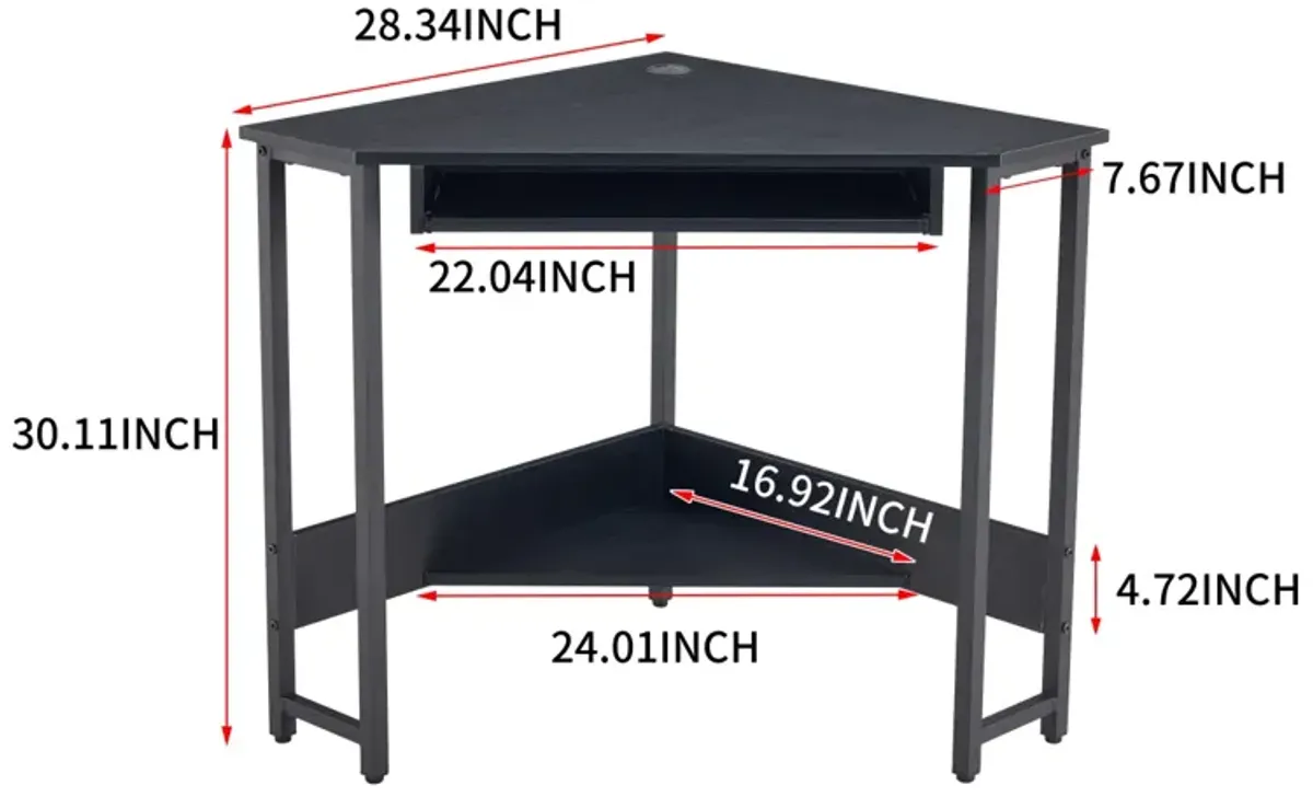 Triangle Computer Desk, Corner Desk With Smooth Keyboard Tray& Storage Shelves, Compact Home Office, Small Desk With Sturdy Steel Frame As Workstation For Small Space, BLACK, 28.34"L 24"W 30.11"H