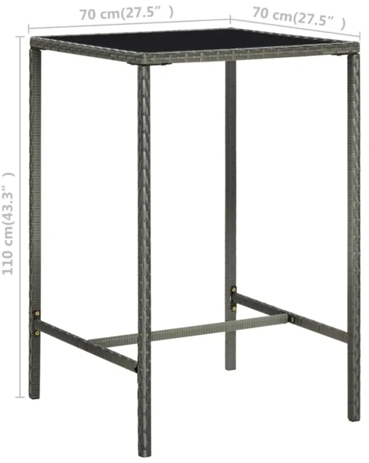 vidaXL Garden Bar Table Gray 27.6"x27.6"x43.3" Poly Rattan and Glass