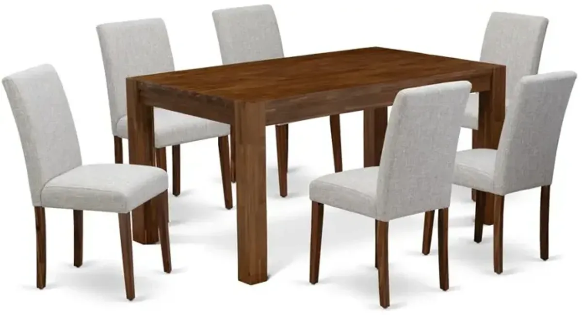 East West Furniture CNAB7-NN-35 7Pc Wood Dining Table Set Consists of a Wood Table and 6 Parsons Dining Room Chairs with Doeskin Color Linen Fabric, Medium Size Table with Full Back Chairs, Sand Blast