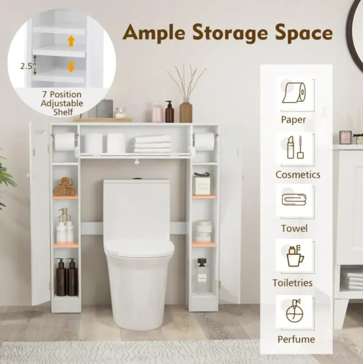 Hivvago Over The Toilet Bathroom Cabinet with Adjustable Shelves and Paper Holder