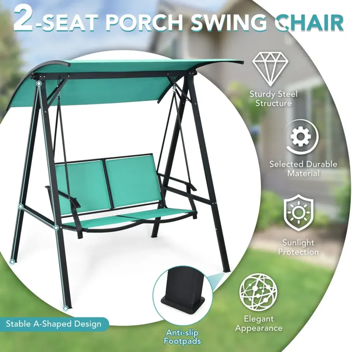 2 Person Patio Swing with Weather Resistant Glider and Adjustable Canopy