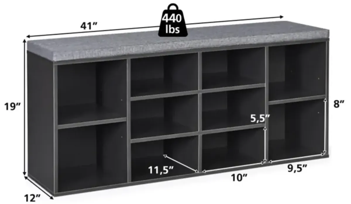 Hivvago 10-Cube Organizer Shoe Storage Bench with Cushion for Entryway