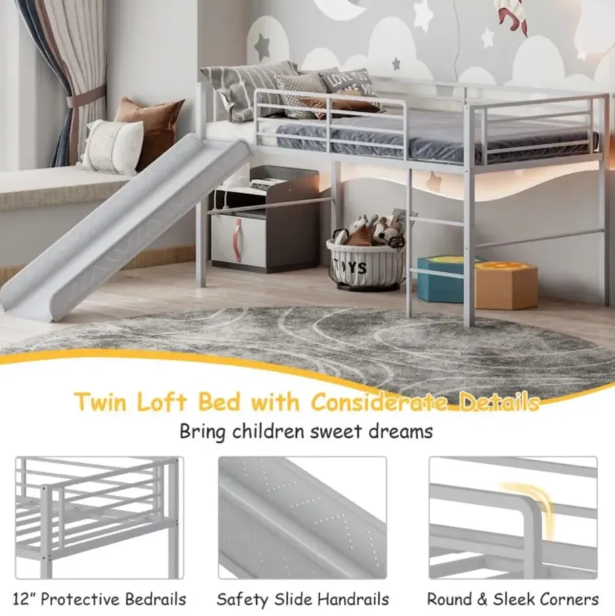 Hivvago Twin Metal Loft Bed with Slide Safety Guardrails and Built-in Ladder