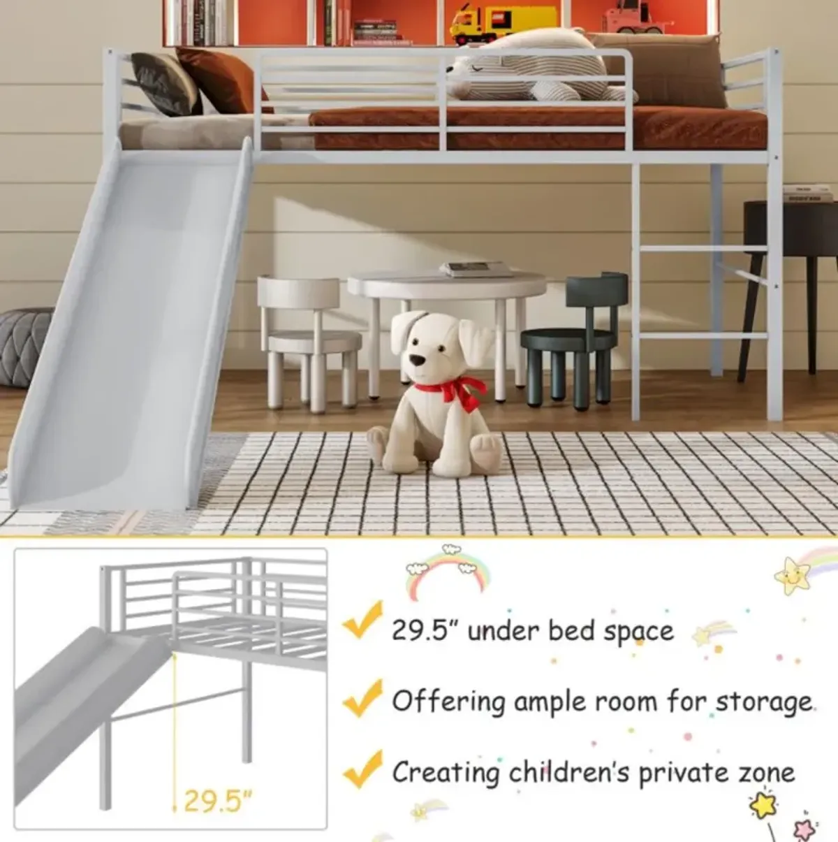 Hivvago Twin Metal Loft Bed with Slide Safety Guardrails and Built-in Ladder