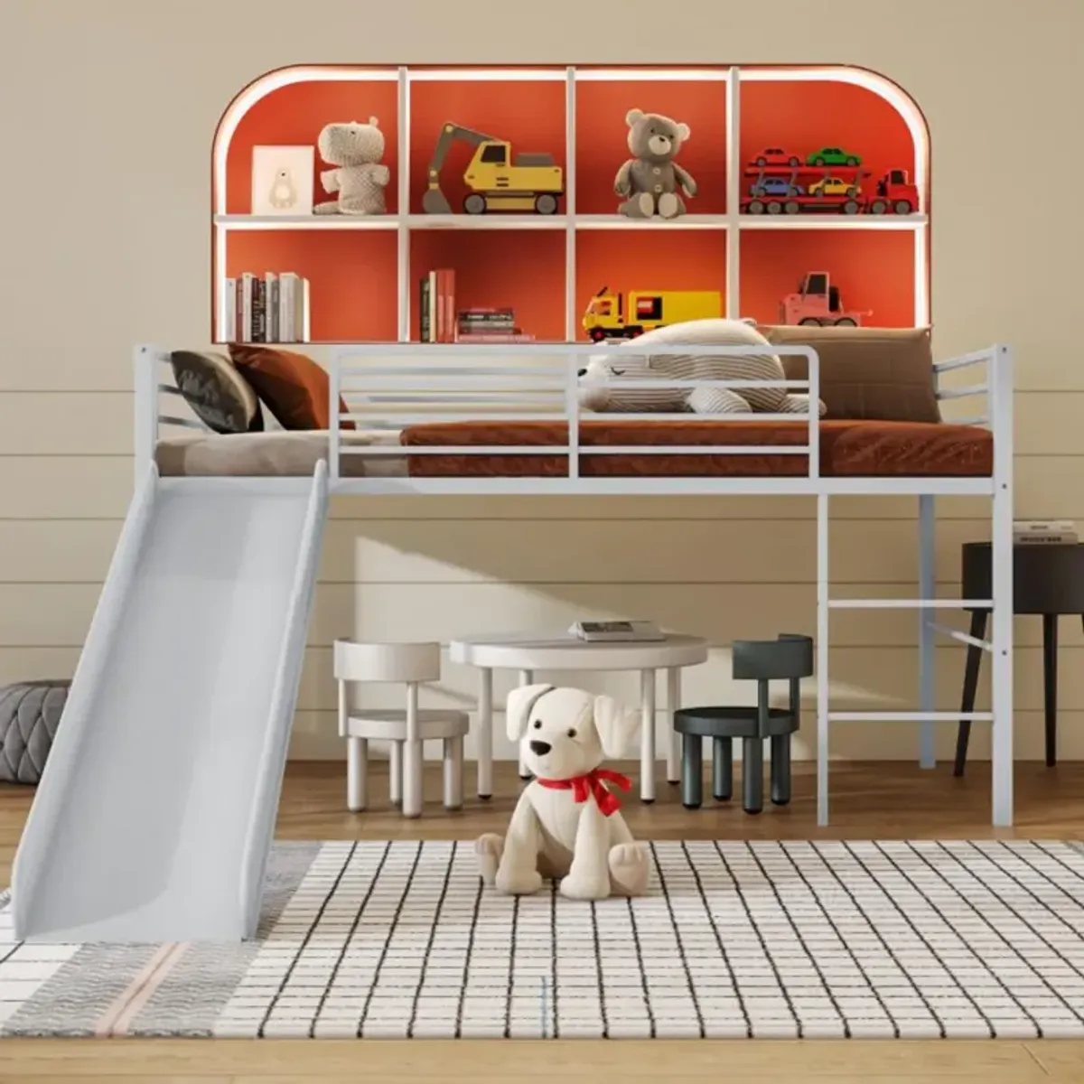 Hivvago Twin Metal Loft Bed with Slide Safety Guardrails and Built-in Ladder