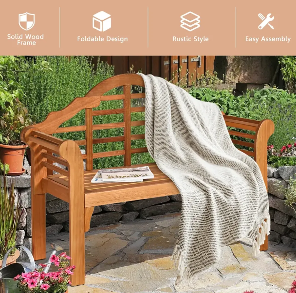 49 Inch Eucalyptus Wood Outdoor Folding Bench with Backrest Armrest for Patio Garden