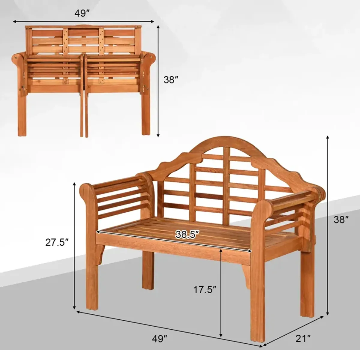 49 Inch Eucalyptus Wood Outdoor Folding Bench with Backrest Armrest for Patio Garden