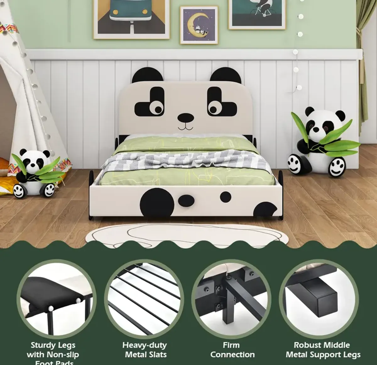 Twin Size Kids Bed with Cute Panda Headboard