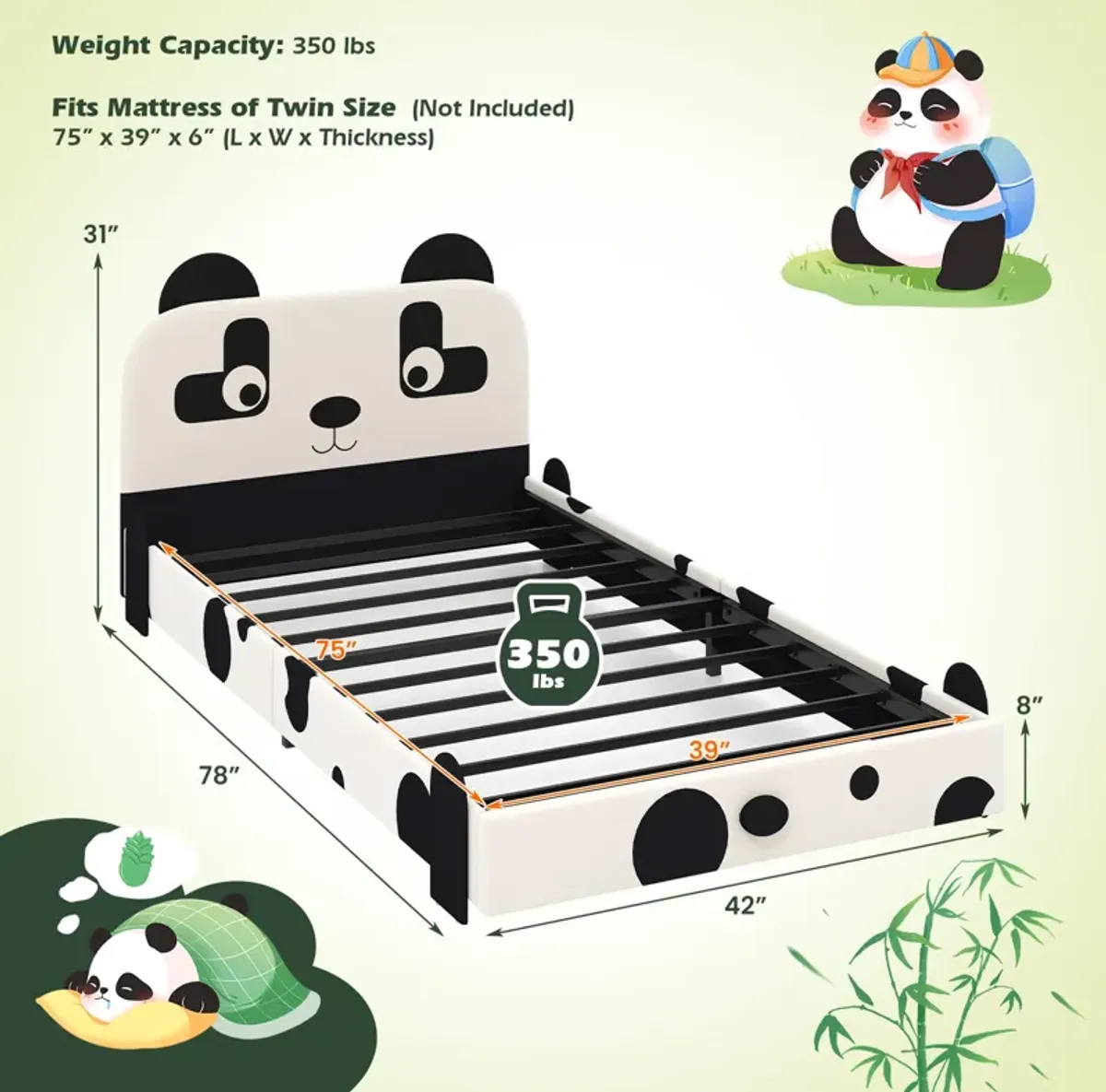 Twin Size Kids Bed with Cute Panda Headboard