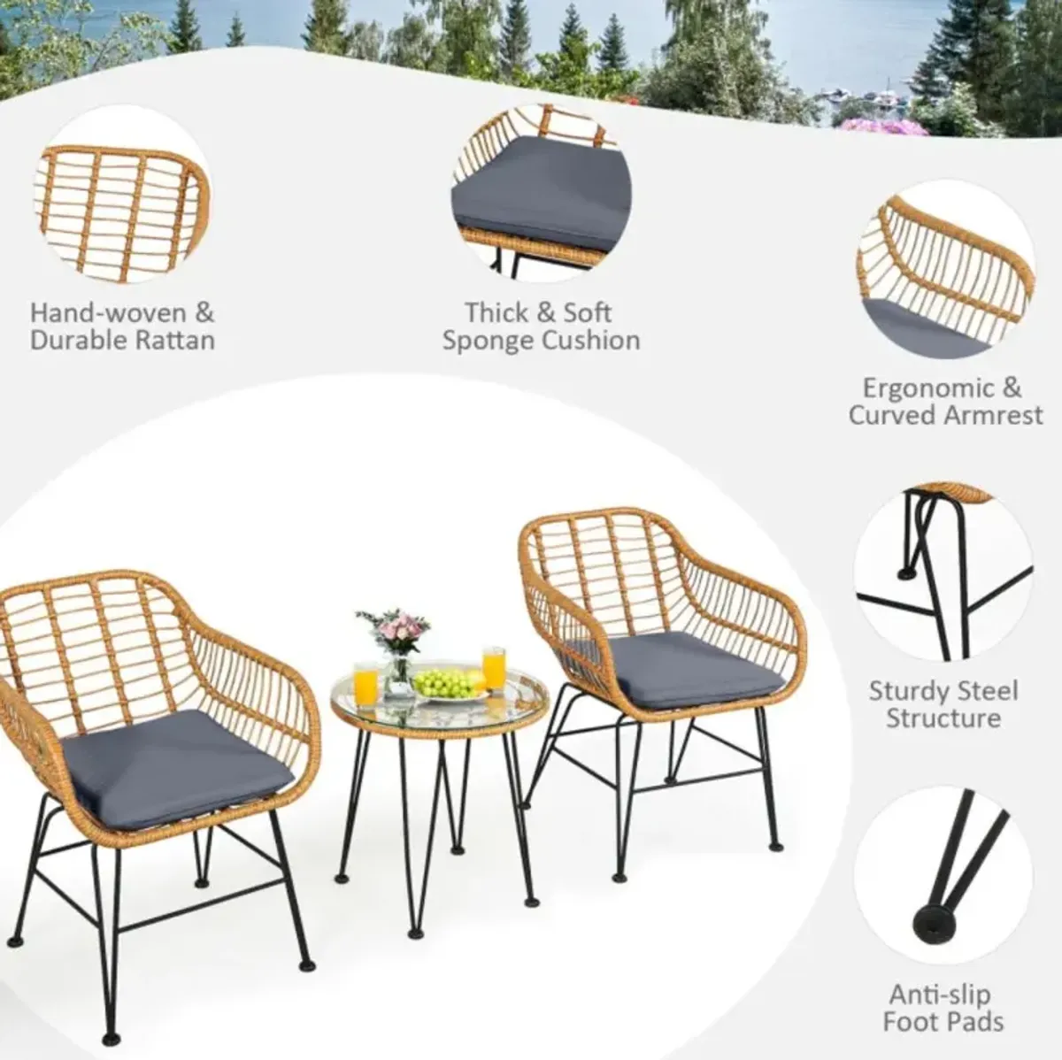 Hivvago 3 Pieces Rattan Furniture Set with Cushioned Chair Table