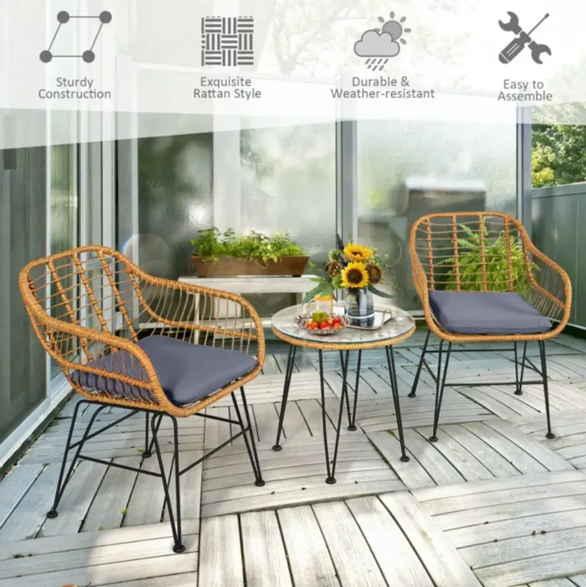 Hivvago 3 Pieces Rattan Furniture Set with Cushioned Chair Table