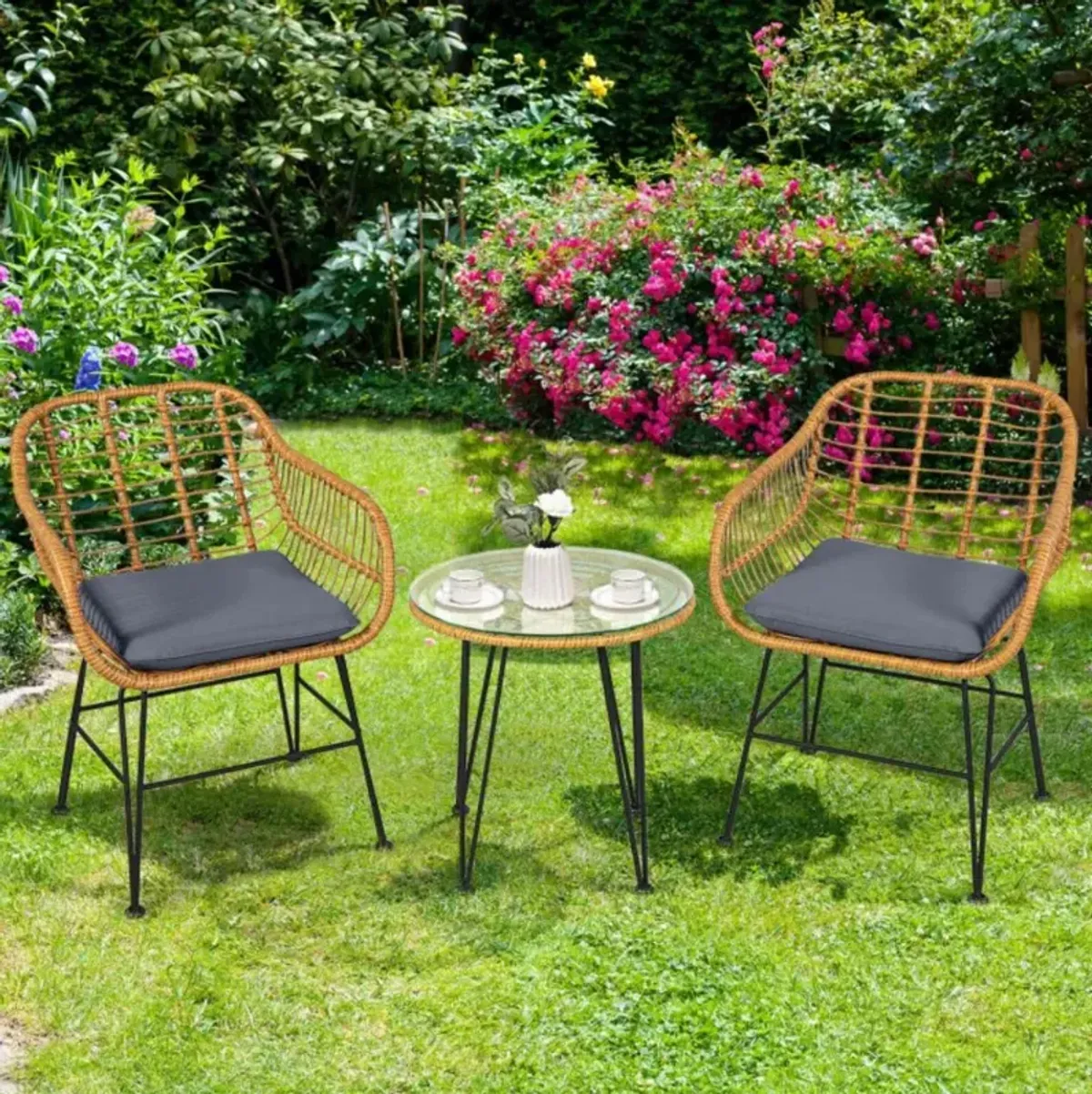 Hivvago 3 Pieces Rattan Furniture Set with Cushioned Chair Table