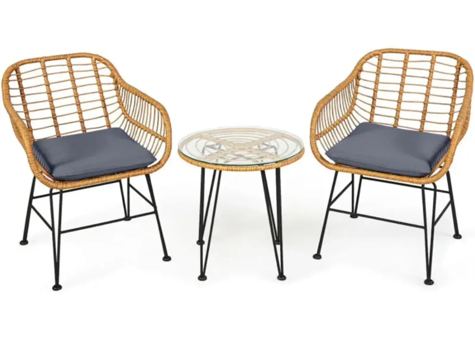 Hivvago 3 Pieces Rattan Furniture Set with Cushioned Chair Table