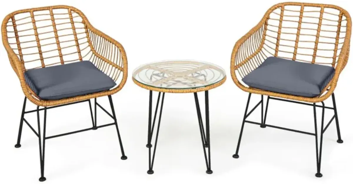 Hivvago 3 Pieces Rattan Furniture Set with Cushioned Chair Table