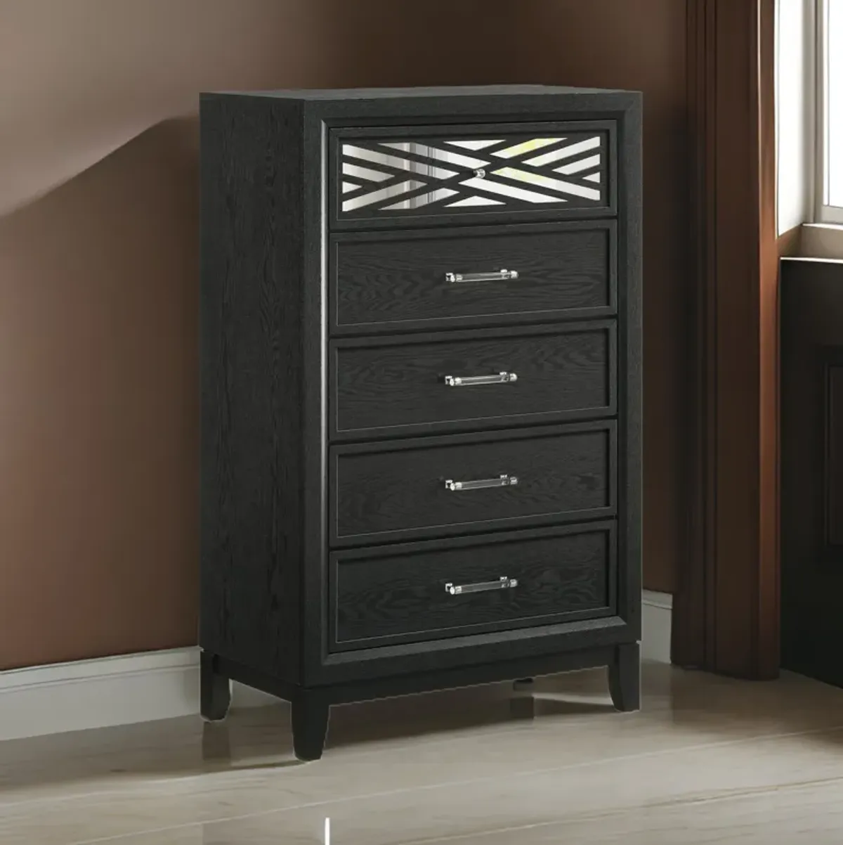 Kira 50 Inch Tall Dresser Chest, 5 Dovetail Drawers, Black Rubberwood - Benzara