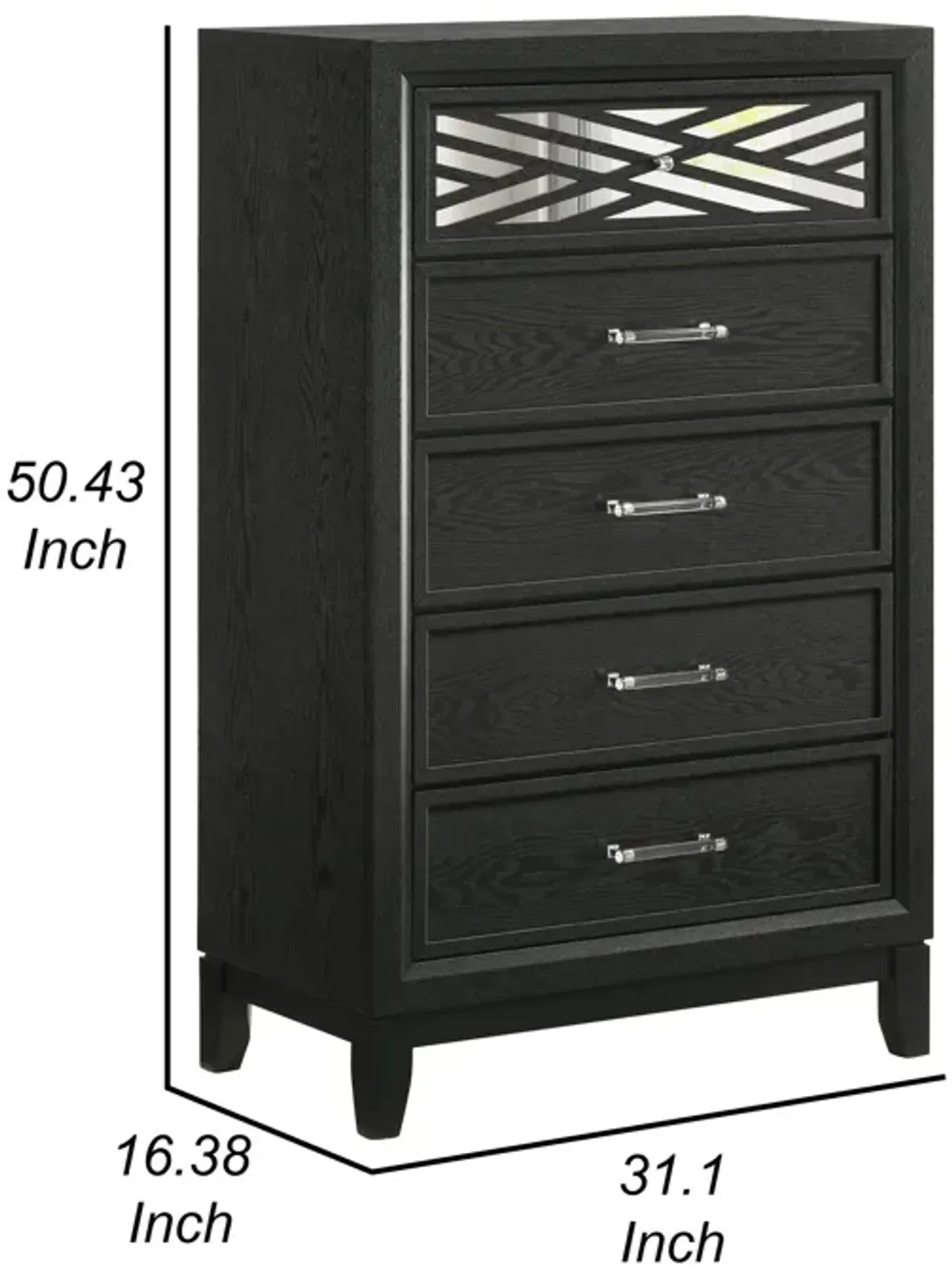 Kira 50 Inch Tall Dresser Chest, 5 Dovetail Drawers, Black Rubberwood - Benzara