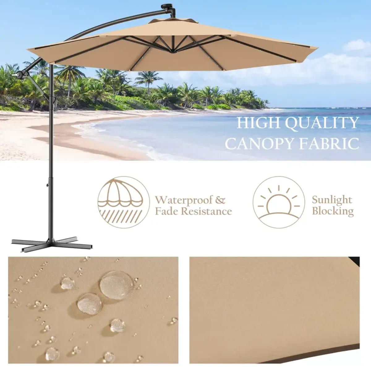 10 Feet Patio Hanging Solar LED Umbrella Sun Shade with Cross Base