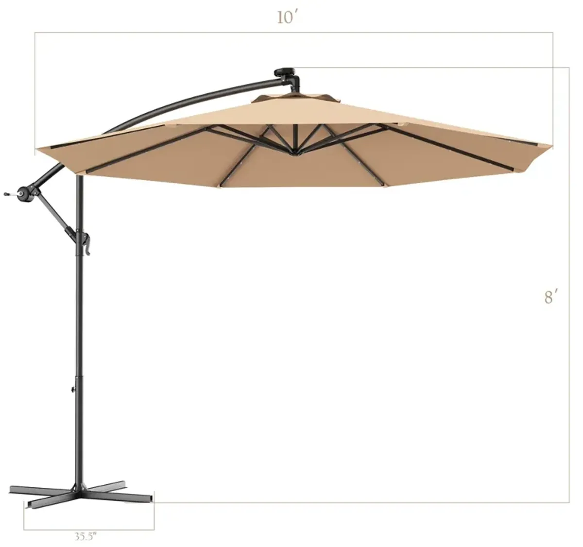 10 Feet Patio Hanging Solar LED Umbrella Sun Shade with Cross Base