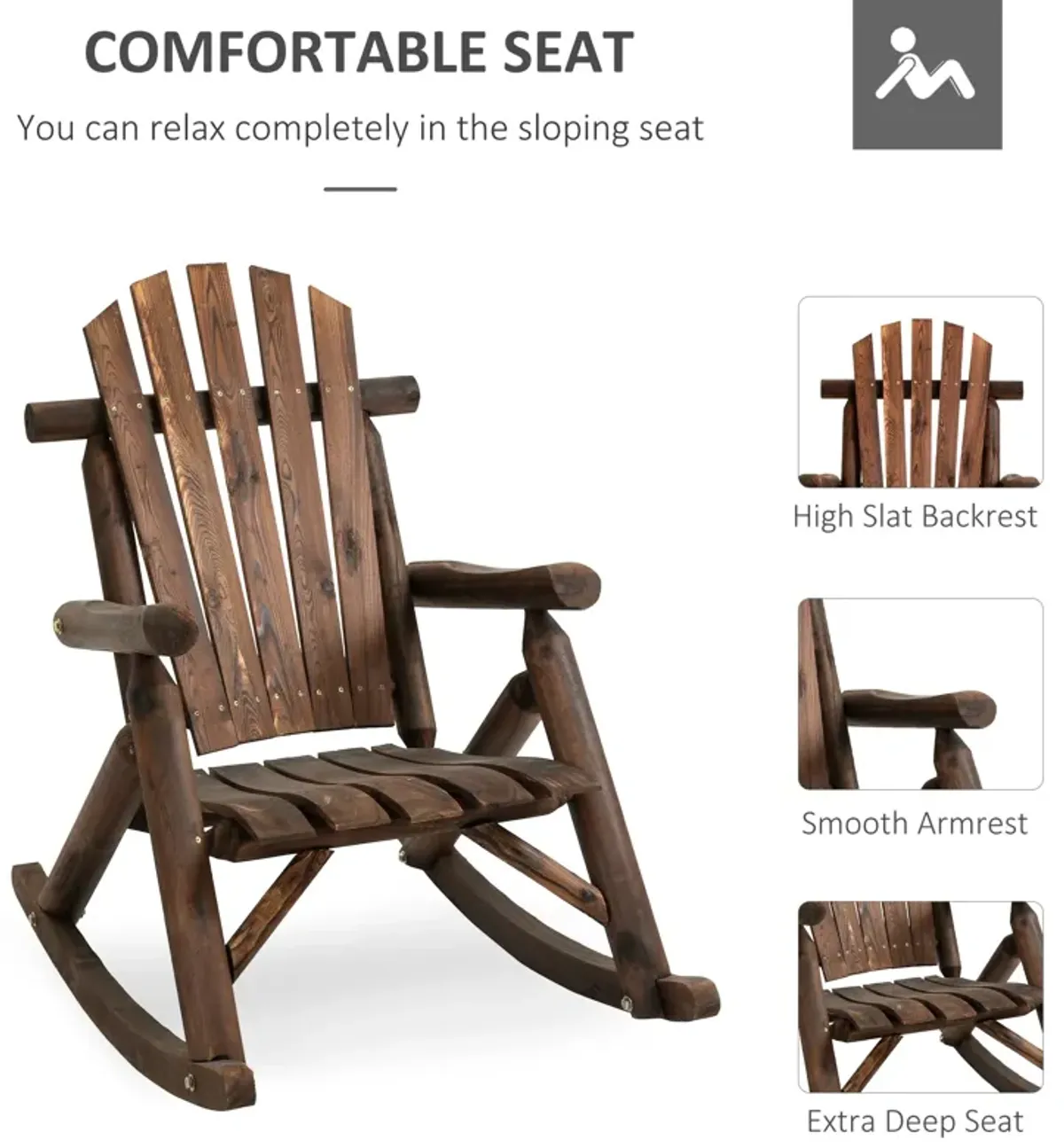 Carbonized Porch Rocker: Wooden Adirondack Chair with Rustic Log Design