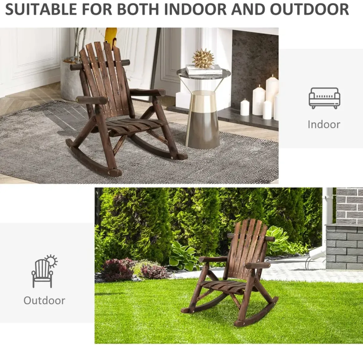 Carbonized Porch Rocker: Wooden Adirondack Chair with Rustic Log Design