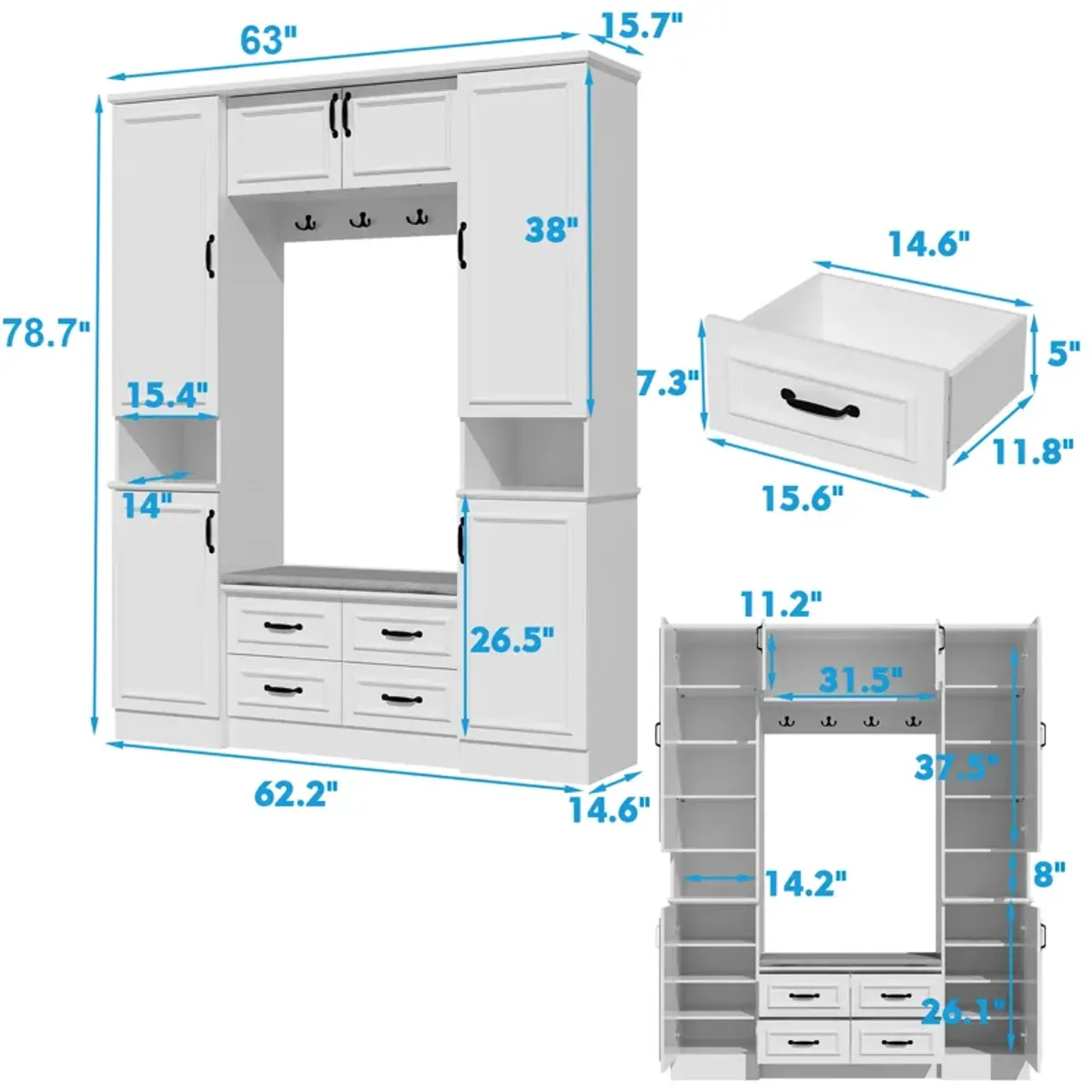 Hall Tree with Bench, 6 Cabinets and 4 Drawers, Entryway Bench with 4 Coat Racks, Entryway Cabinet with 6 Doors and Adjustable Shelves, for Entryway Hallway, 15.7”D x 63”W x 78.7”H, White