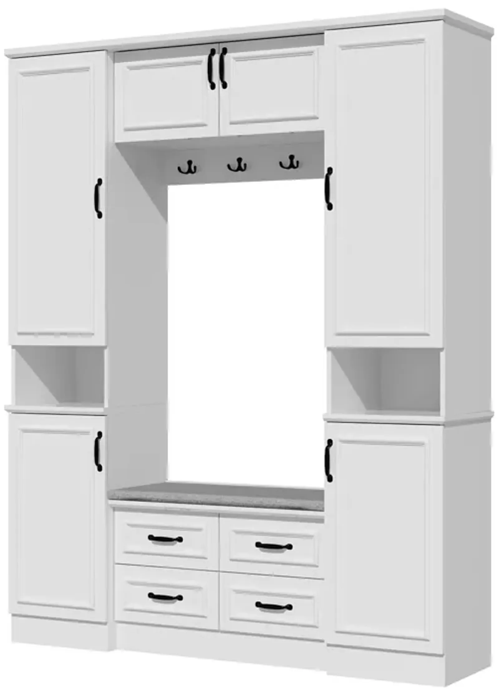 Hall Tree with Bench, 6 Cabinets and 4 Drawers, Entryway Bench with 4 Coat Racks, Entryway Cabinet with 6 Doors and Adjustable Shelves, for Entryway Hallway, 15.7”D x 63”W x 78.7”H, White