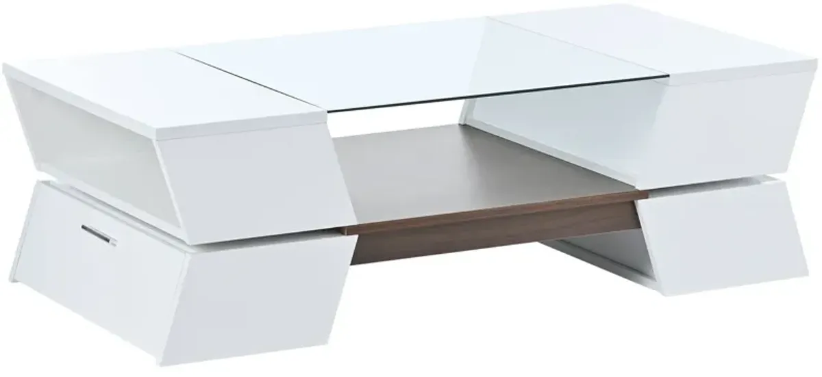 Modernist 2-Tier Center Table 6mm Glass Top Coffee Table with Open Shelves and Cabinets Geometric Style Cocktail Table