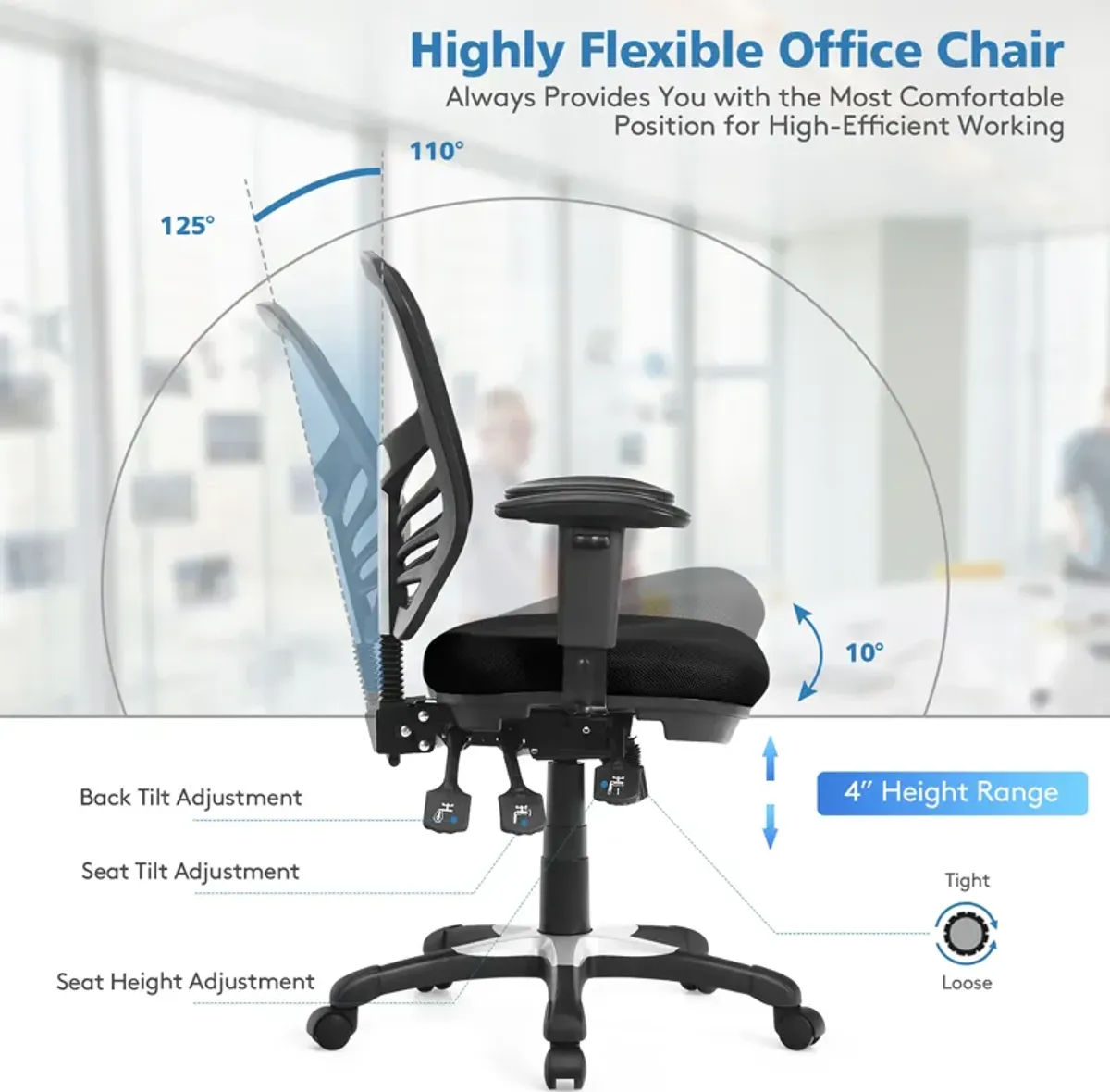 Costway Mesh Office Chair 3-Paddle Computer Desk Chair w/ Adjustable Seat Black