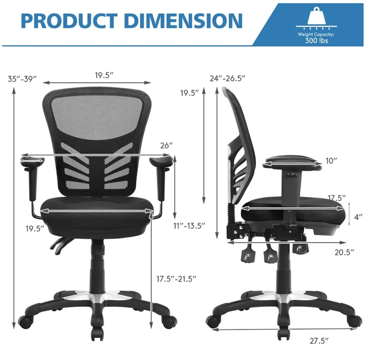 Costway Mesh Office Chair 3-Paddle Computer Desk Chair w/ Adjustable Seat Black