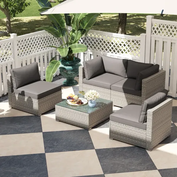5-Piece Outdoor Patio Sectional Sofa Couch and Glass Coffee Table with Cushions